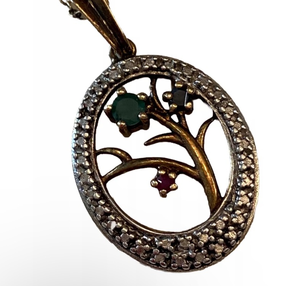 ROSS SIMONS Sterling 925 Gold 18k Emerald Ruby Sapphire Tree Pendant Necklace